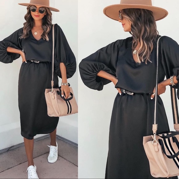 V neck balloon sleeves satin midi dress